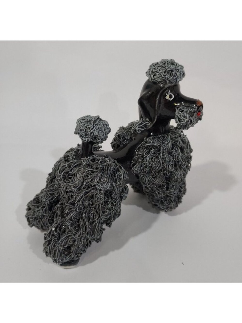MCM Spaghetti Poodle Standing Dog Figurine Black Base Gray Fur 1950's - Picture 12 of 14